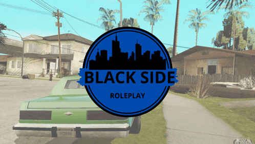 a green car is parked on the side of the road with a blue circle that says black side roleplay