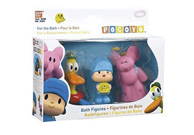 a box of pocoyo bath figures includes a duck a pig and a boy