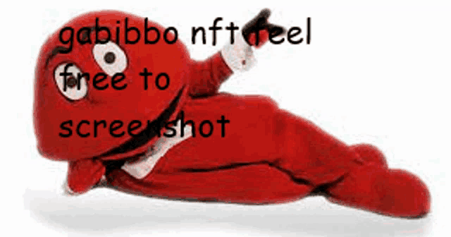 a red stuffed animal with the words gabibbo nft feel free to screenshot written on it .