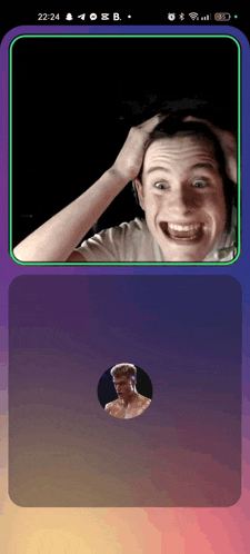 a phone screen shows a man with his hands on his head and a picture of another man in a circle