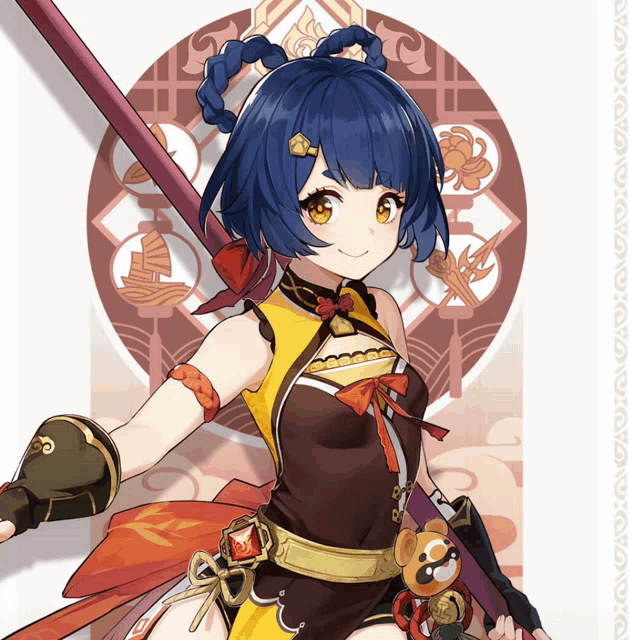 a girl with blue hair and yellow eyes is holding a pole