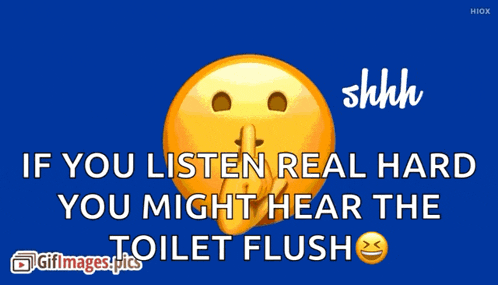 a smiley face with a finger on its mouth and the words shhh if you listen real hard you might hear the toilet flush