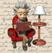 a cartoon man is sitting in a chair reading a book .