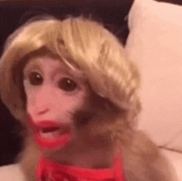 a monkey wearing a blonde wig and lipstick is sitting on a bed .