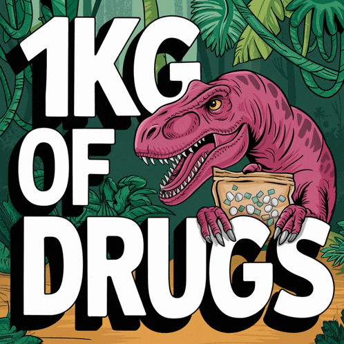 an illustration of a dinosaur holding a bag of drugs with the words 1kg of drugs