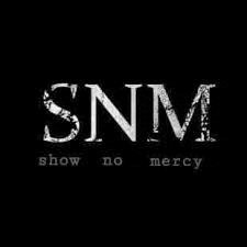 the logo for snm show no mercy is black and white .