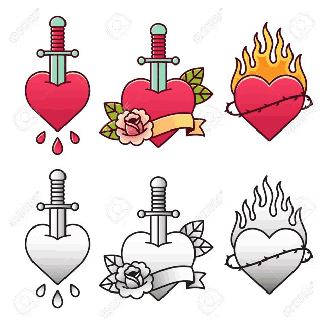 a set of hearts with swords , flowers , barbed wire and fire .