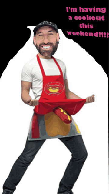 a man wearing an apron with a hot dog on it