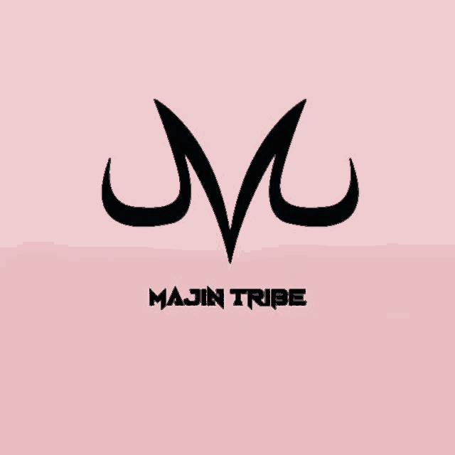 a logo for majin tribe with a black m on a pink background .