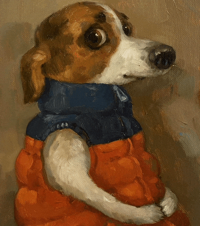 a painting of a brown and white dog wearing a blue and orange vest