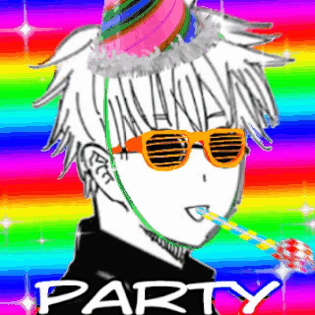 a drawing of a person with a party hat and sunglasses