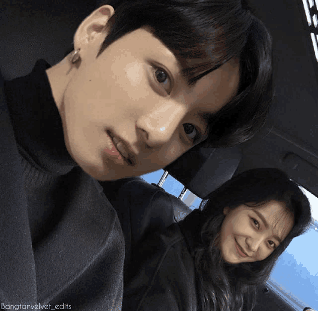 a man and a woman are posing for a picture in a car with the caption bangtanvelvet_edits