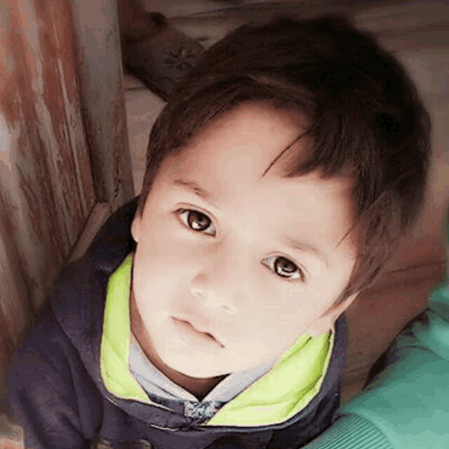 a little boy wearing a blue jacket and a green sweater looks up at the camera