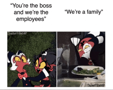 a cartoon character says " you 're the boss and we 're the employees " next to a picture of a plate of food