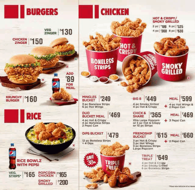 a menu for kfc shows burgers chicken and rice options