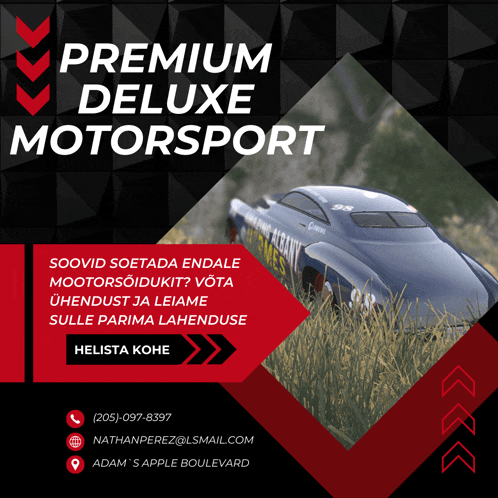 an ad for premium deluxe motorsport shows a car driving through a field