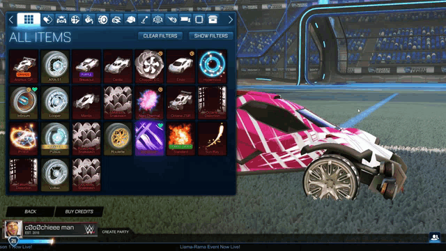 a rocket league game with a pink and white car on the screen