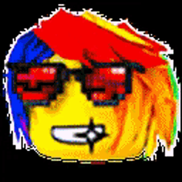 a pixel art drawing of a smiley face wearing sunglasses and a rainbow hair .