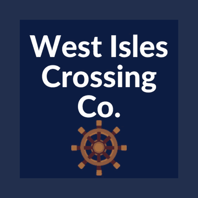 the logo for west isles crossing co. with a steering wheel