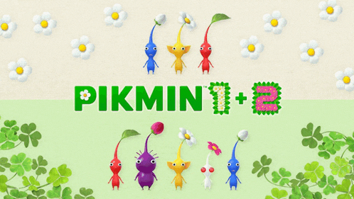 a poster for pikmin 1 and 2 with flowers and clovers on it