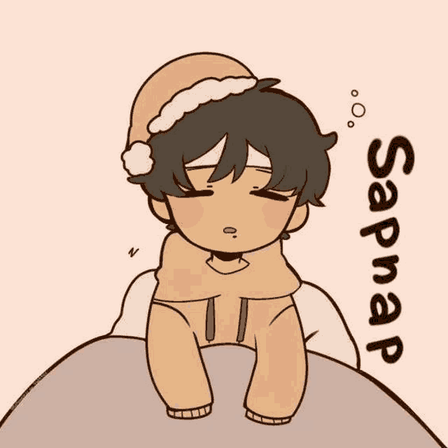 a cartoon drawing of a boy wearing a santa hat and a scarf sleeping on a bed .