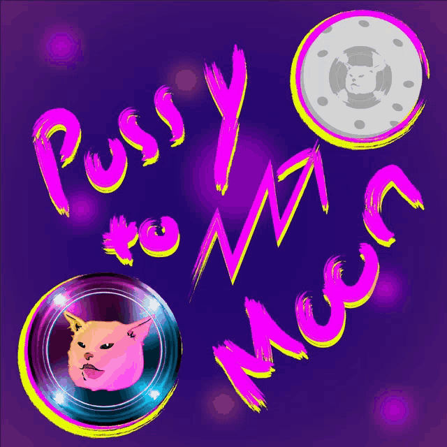 a purple background with a cat in a bubble and the words pussy to me