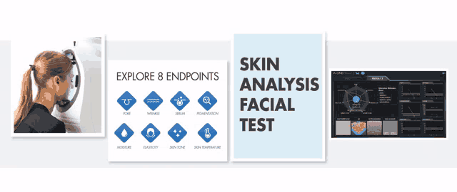 a poster for skin analysis facial test shows a woman getting a facial scan