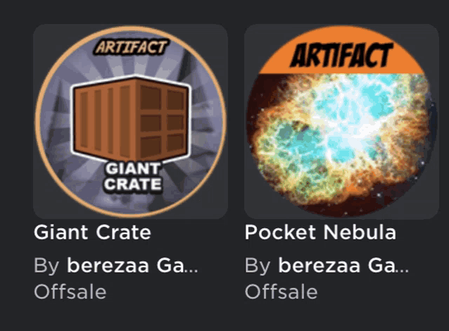 an advertisement for artifact giant crate and pocket nebula by berezaa ga offsale