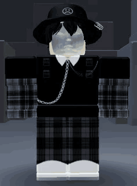 a roblox character wearing a black hat and plaid pants with a chain around his neck .