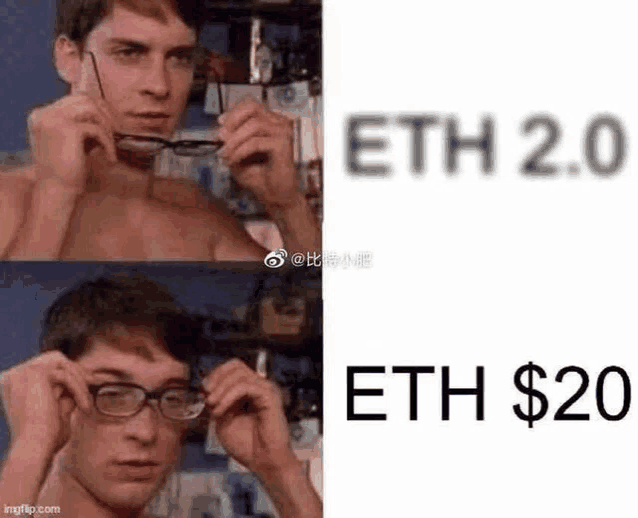 a shirtless man is putting on glasses in front of a blurry picture of eth 2.0 and eth $ 20 .