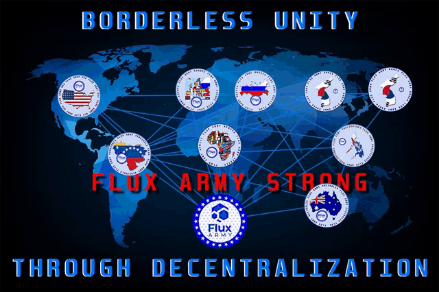 a map of the world with the words " borderless unity through decentralization "