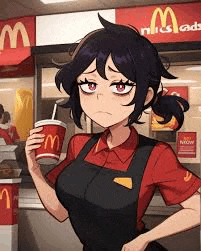 a girl is standing in front of a mcdonald 's holding a drink .