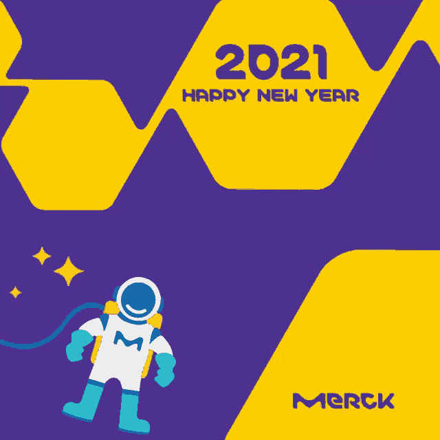 a purple and yellow poster that says merck on it