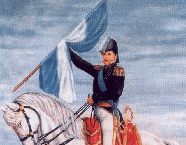 a painting of a man riding a horse holding a blue and white flag