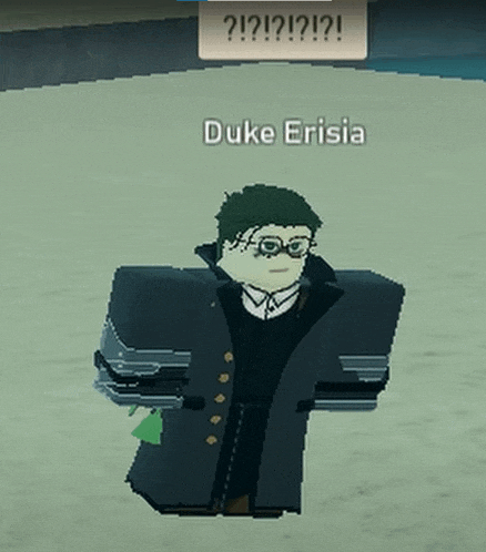 a cartoon character named duke erisia is wearing a black coat and glasses