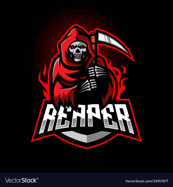 a grim reaper mascot with a scythe and the word reaper on a dark background