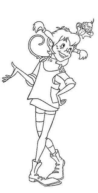 a black and white drawing of a cartoon girl with a monkey on her head .