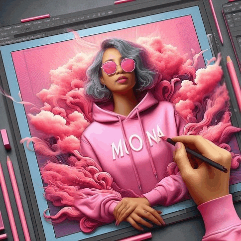 a person is drawing a picture of a woman in a pink hoodie on a tablet .