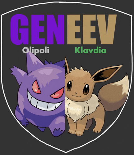 a logo for geneev olipoli and klavdia shows a purple pokemon and an eevee