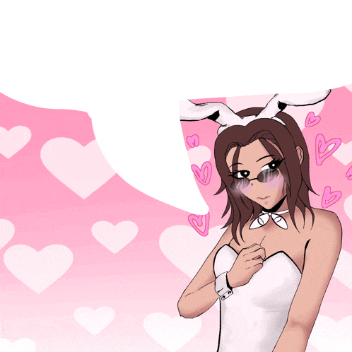 a girl in a bunny costume with hearts in the background