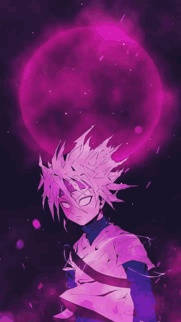 a drawing of a person with purple hair standing in front of a purple moon