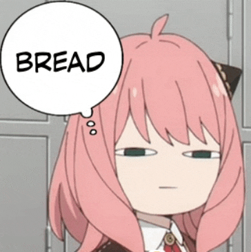 a girl with pink hair has a speech bubble that says bread