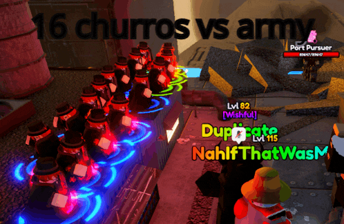 a screenshot of a video game that says 16 churros vs army on it