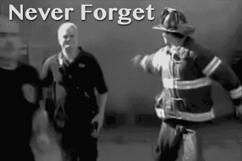 a black and white photo of a fireman and a police officer with the words " never forget " above them