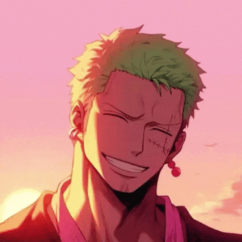 roronoa zoro from one piece is smiling with his eyes closed and his mouth open .