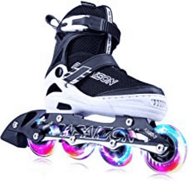 a pair of roller skates with colorful wheels on a white surface .