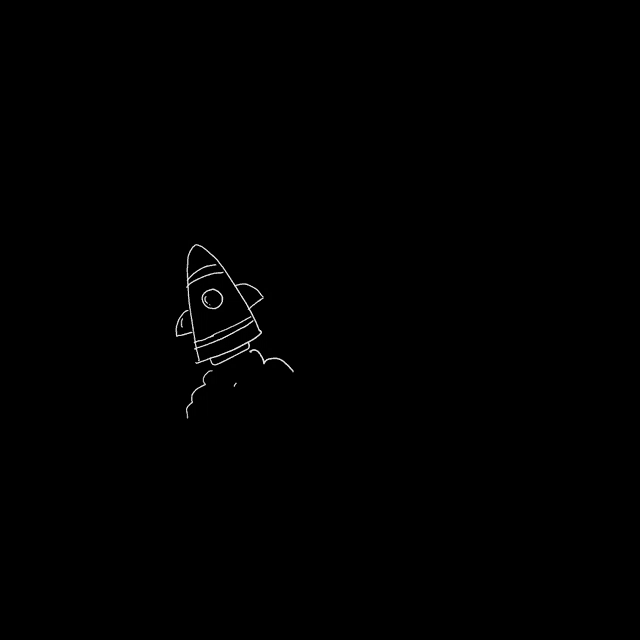 a white line drawing of a rocket flying through space on a black background .