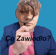 a man in a blue suit is holding a magnifying glass in front of his face with the words co zawidlo written below him