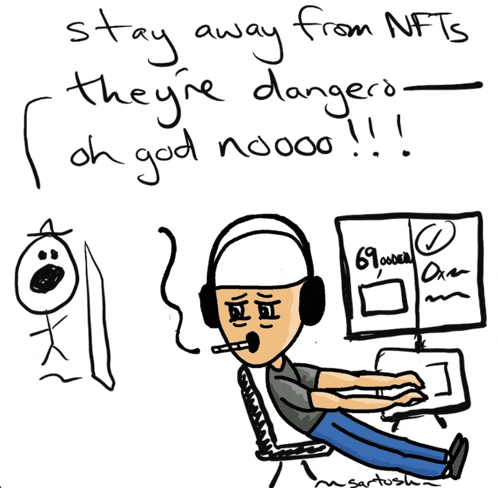 a cartoon drawing of a man wearing headphones says stay away from nfts they 're dangerous