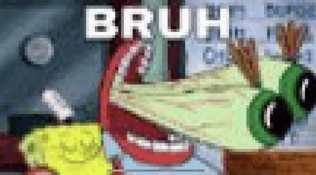 a pixelated image of a cartoon character with the word bruh written in white letters